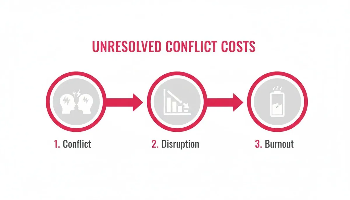 Infographic illustrating the costs of unresolved conflict, showing a progression from conflict to disruption and burnout.