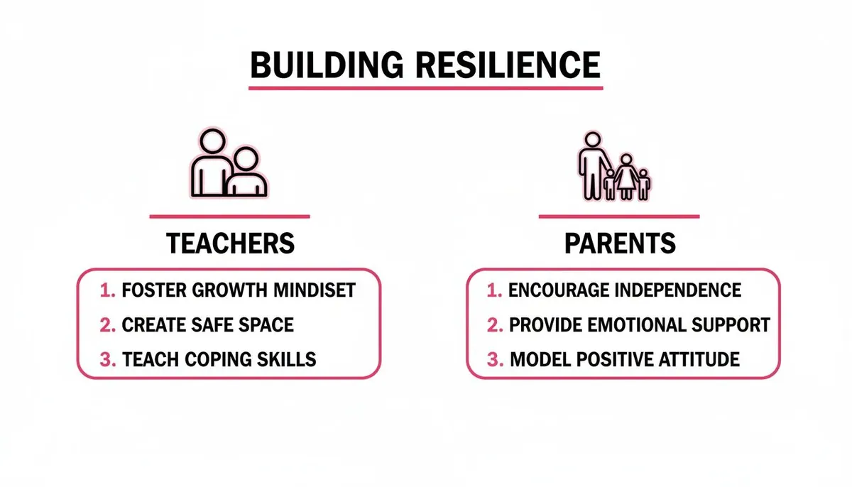 Infographic outlining strategies for building resilience in children, detailing specific actions for both teachers and parents.