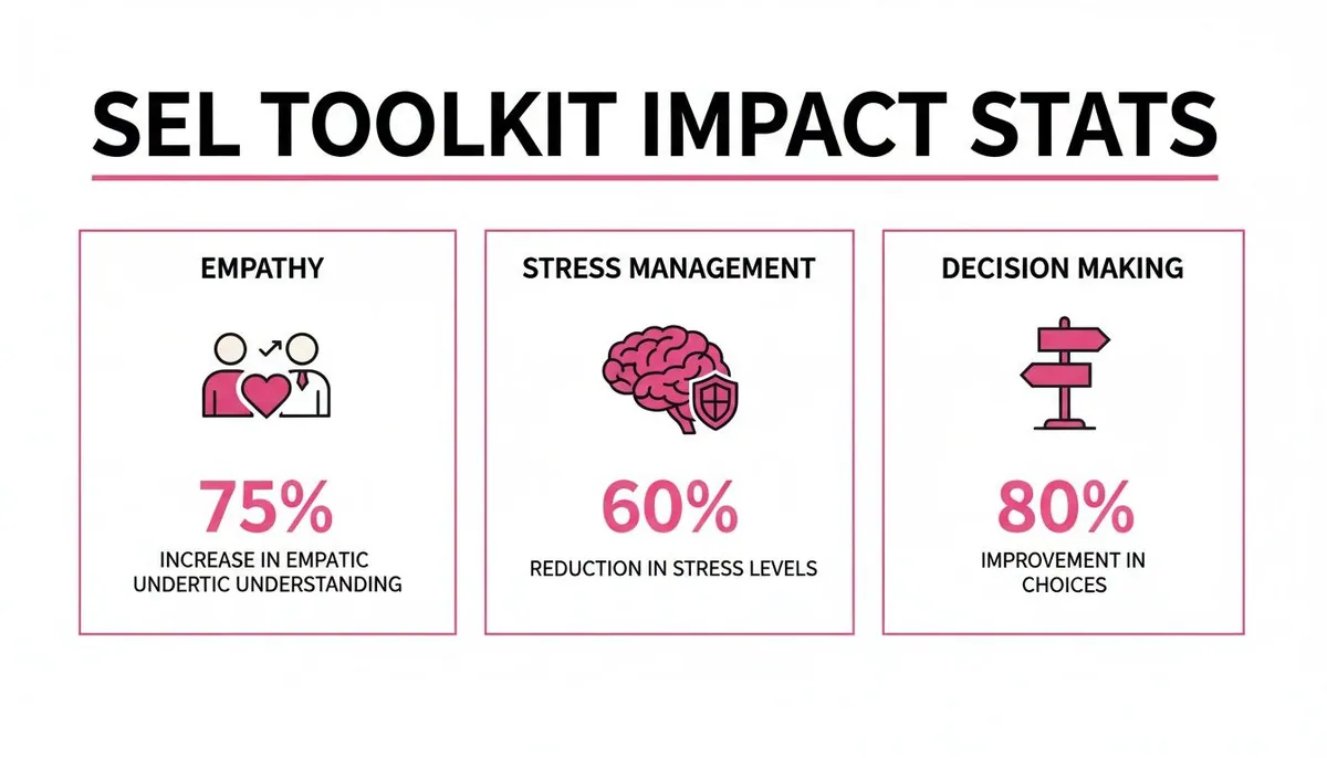 Infographic showing SEL toolkit impact stats for empathy, stress management, and decision making.