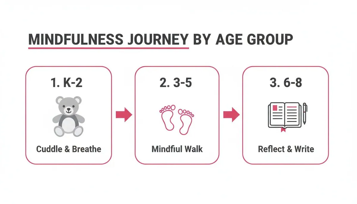 Mindfulness journey for children by age group: K-2 (Cuddle & Breathe), 3-5 (Mindful Walk), 6-8 (Reflect & Write).