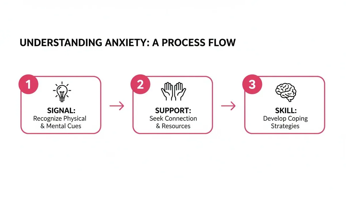 Process flow diagram showing three steps for understanding and managing anxiety: Signal, Support, Skill.