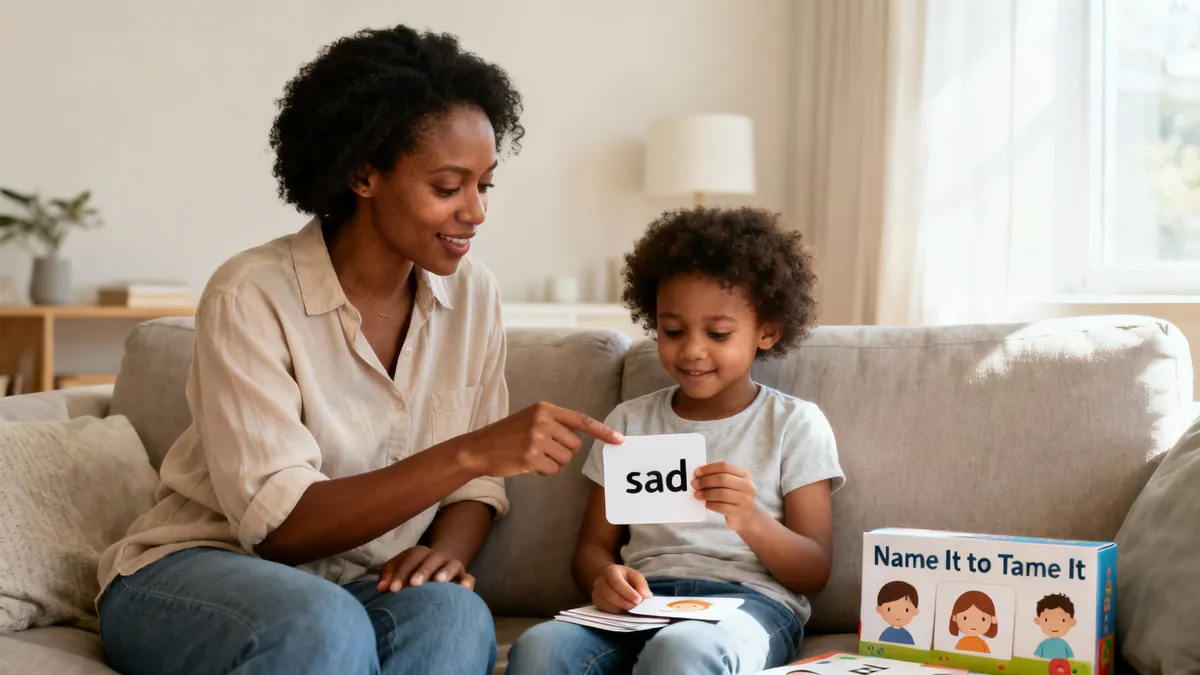 Smiling Black woman teaches child emotions using 'sad' flashcard on a sofa, promoting emotional intelligence.