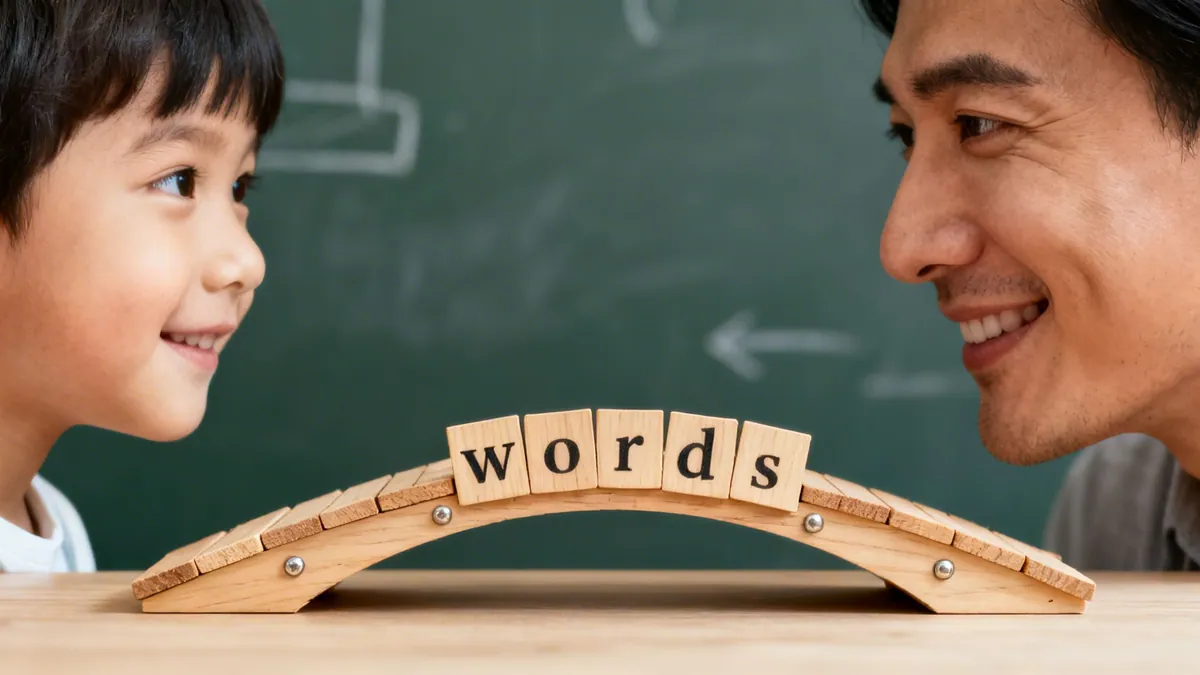 Smiling child and adult look at each other over a wooden bridge spelling 'words'.