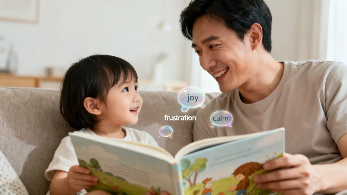 Smiling father and child read a colorful book together, discussing feelings like joy and calm.