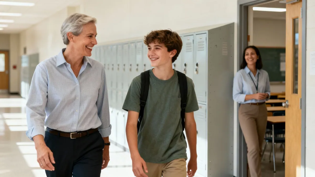 Smiling school staff and a student walk through a bright hallway lined with lockers.