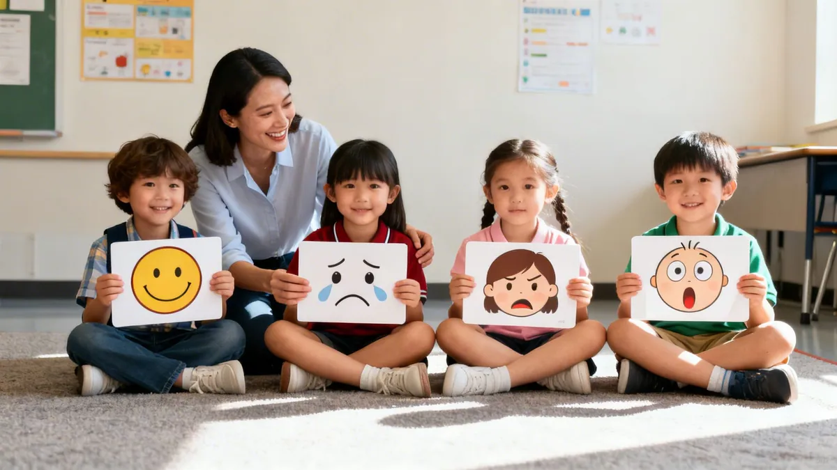 Smiling teacher and four young children in a classroom, showing emotion cards like happy, sad, angry, surprised.