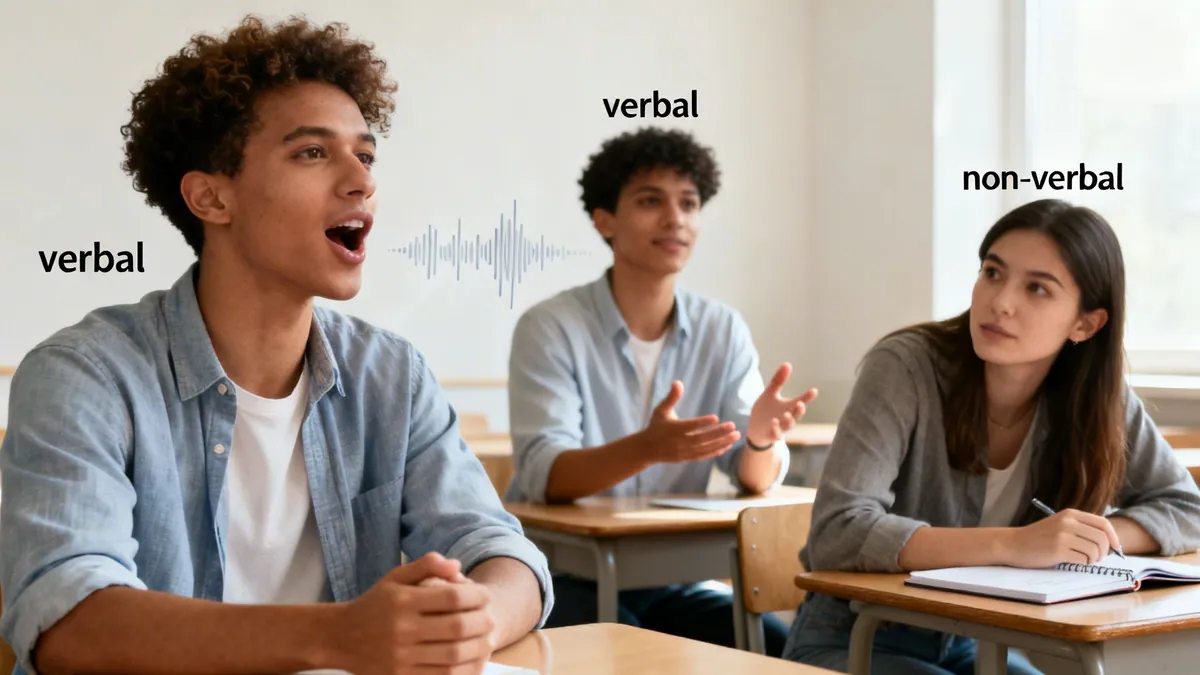 Students in a classroom demonstrating verbal and non-verbal communication, with a soundwave graphic.