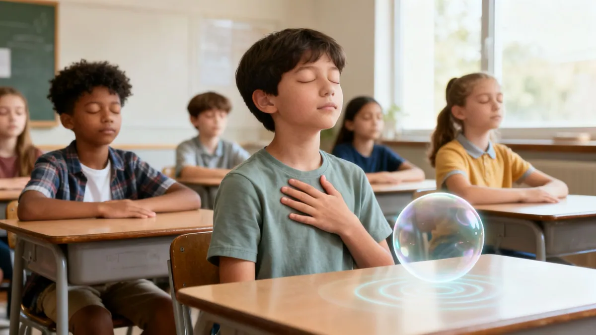 Students in a classroom practicing mindfulness meditation with closed eyes and a calming visual aid.