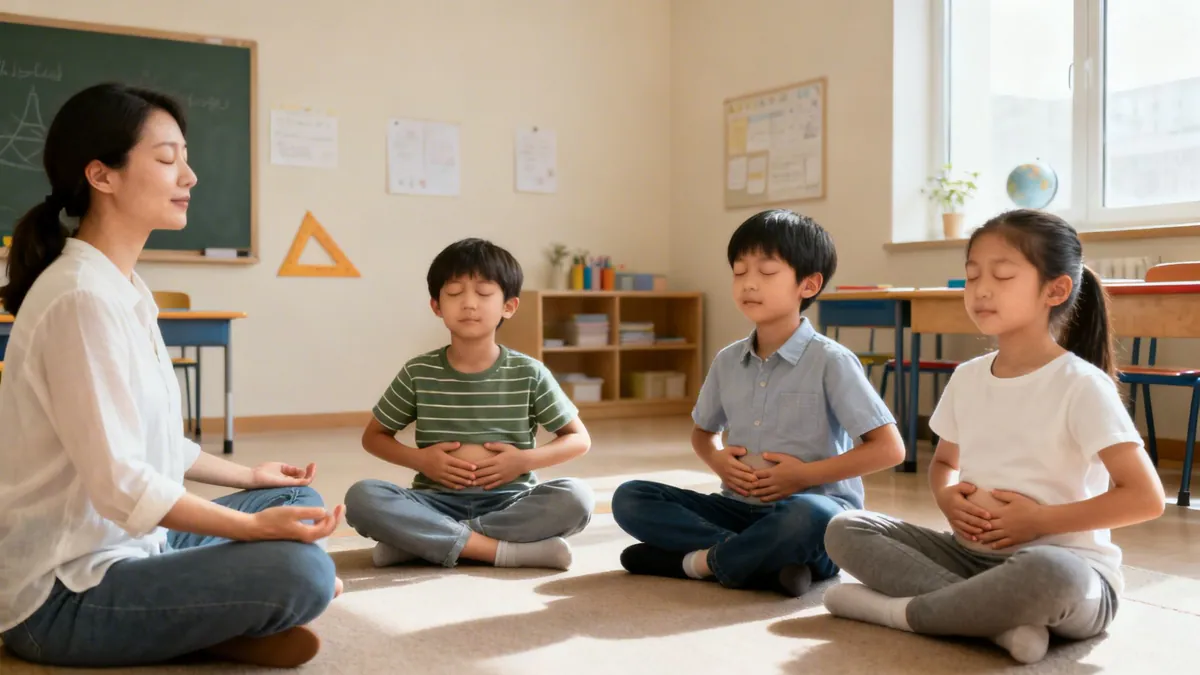 Teacher and three young students practice belly breathing meditation with eyes closed in a classroom.