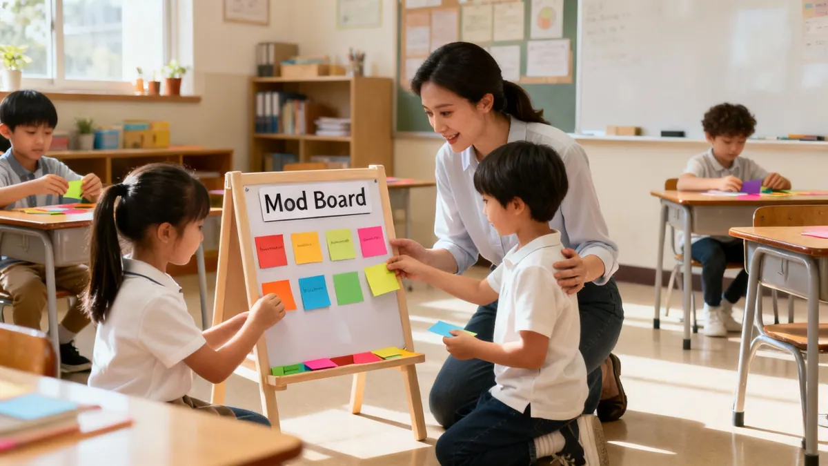 Teacher and young students engage in a social-emotional learning activity with a colorful mod board.