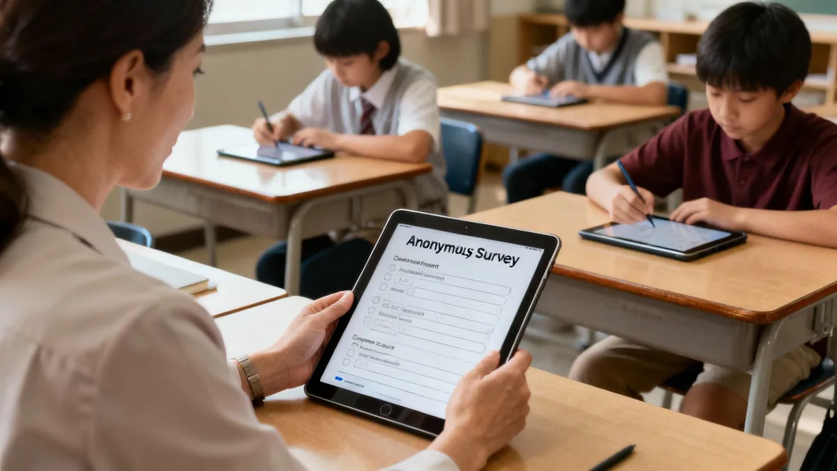 Teacher views an anonymous survey on a tablet, while students actively engage with their own tablets in class.