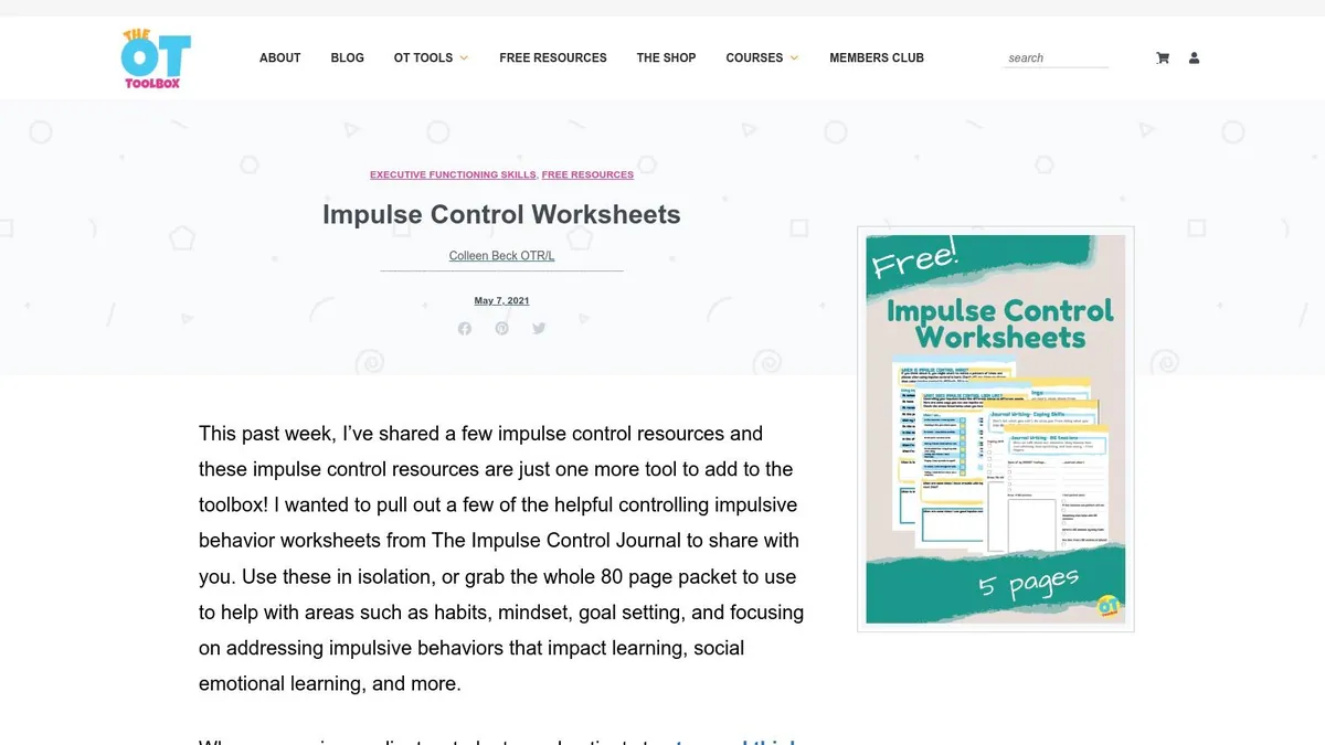 The OT Toolbox – Impulse Control Worksheets & Journal