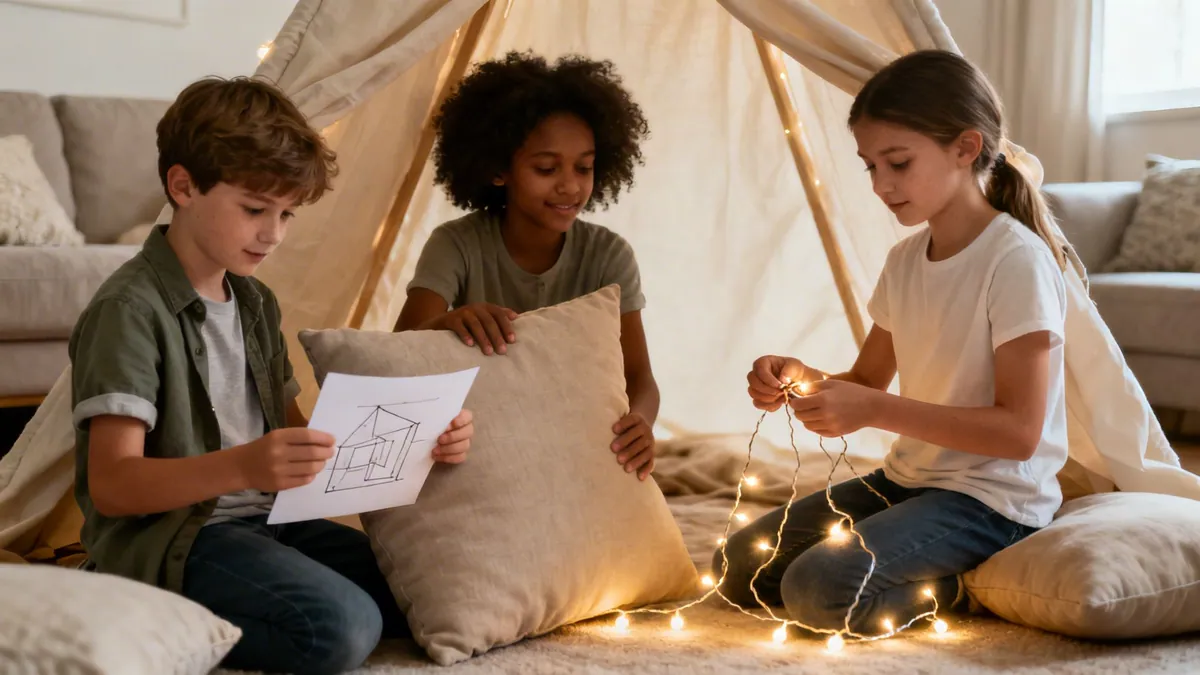 Three diverse children collaborate inside a cozy blanket fort, decorating with string lights and looking at plans.