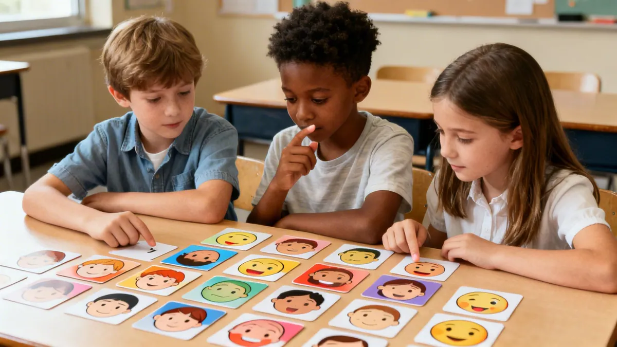 Three diverse elementary students learn about emotions using cards in a brightly lit classroom.