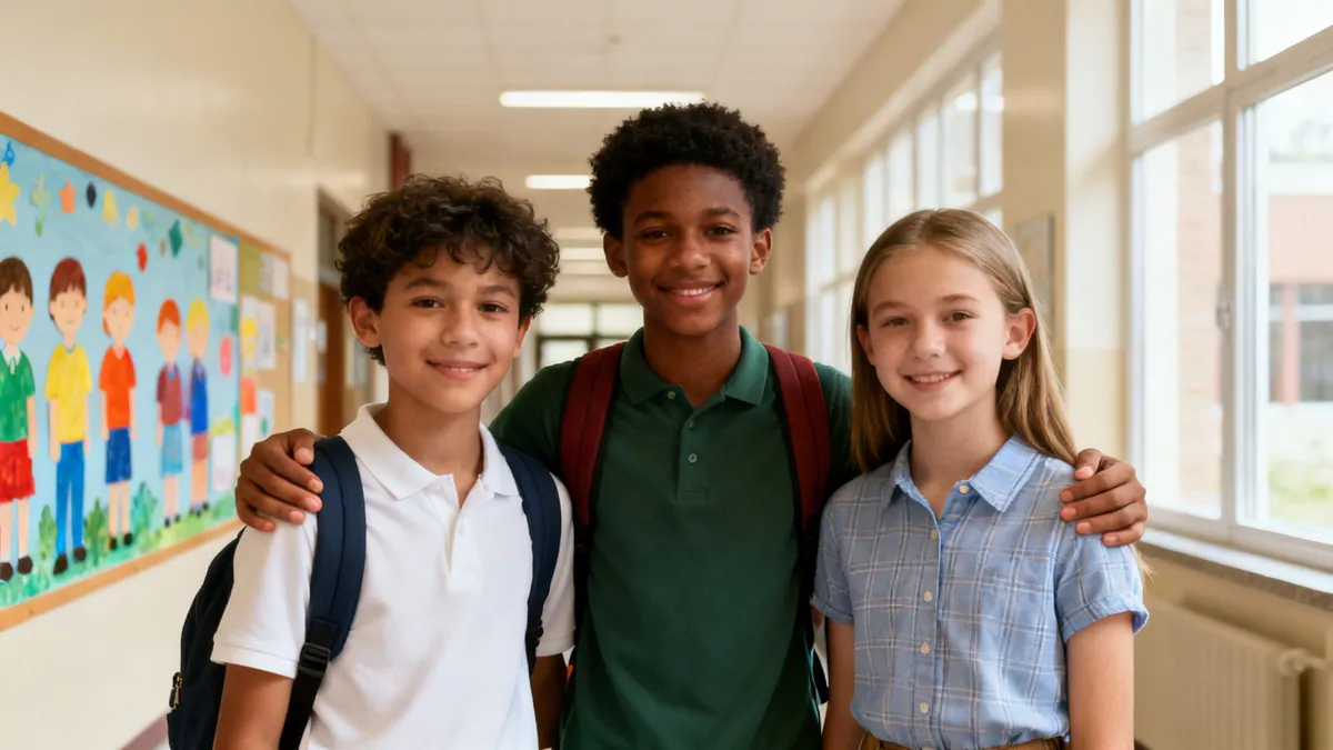 Three diverse, smiling students with backpacks stand together in a bright school hallway.