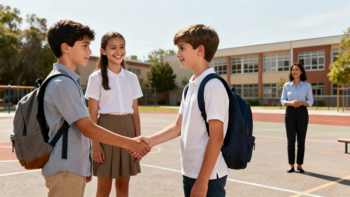 Three happy students in school uniforms shaking hands, with a teacher watching in the background.