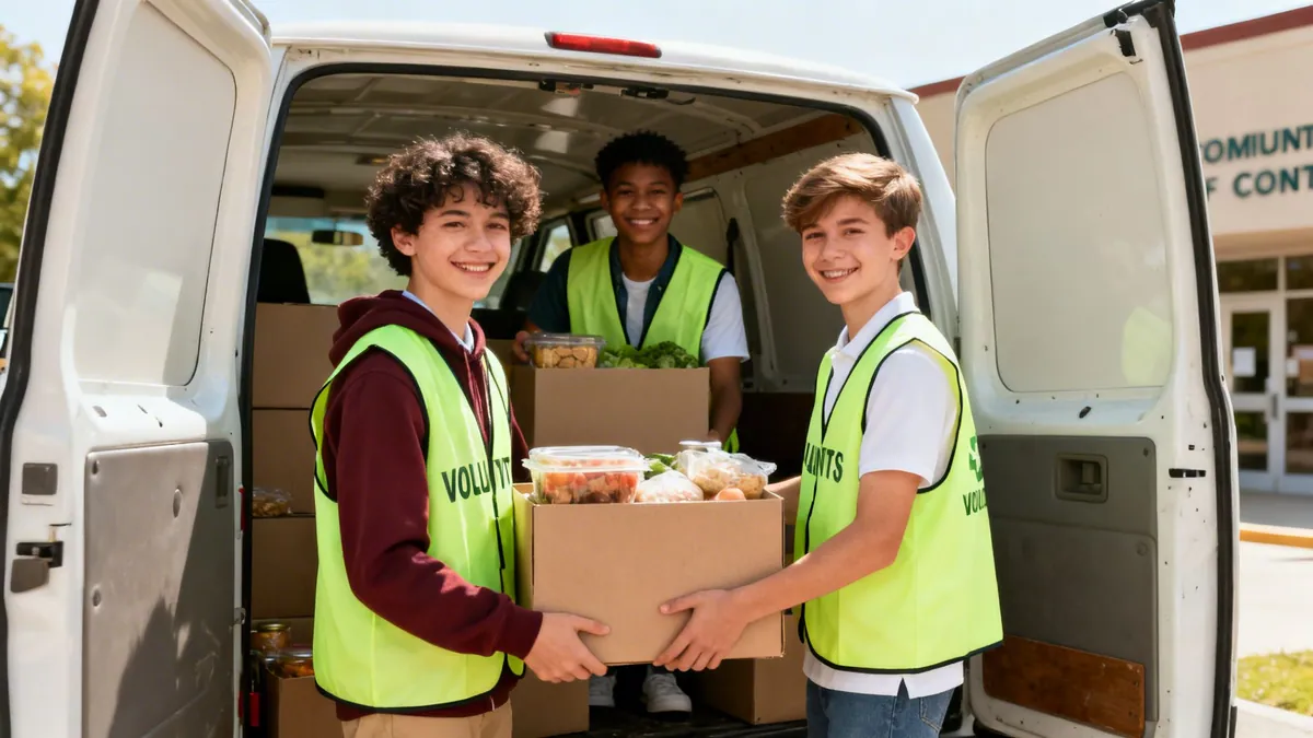 Three smiling young volunteers in vests unload food boxes from a van for a community donation.