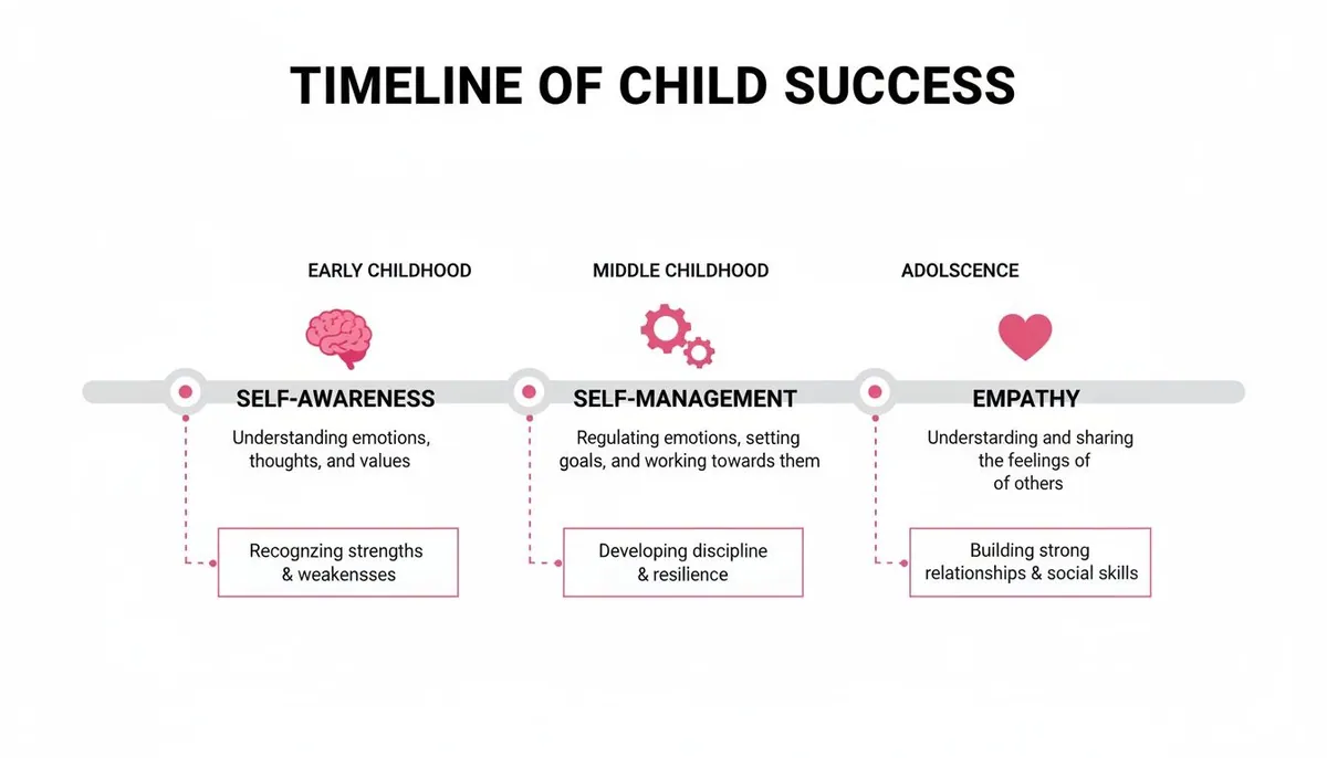Timeline of child success showing early childhood self-awareness, middle childhood self-management, and adolescence empathy development.