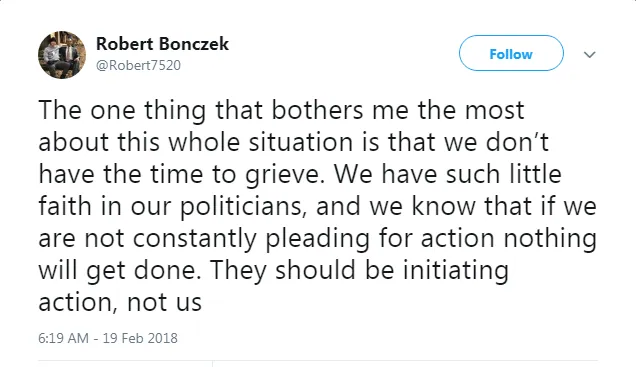 Tweet from Robert Bonczek saying we have no time to grieve, and that politicians should be initiating action, not citizens.