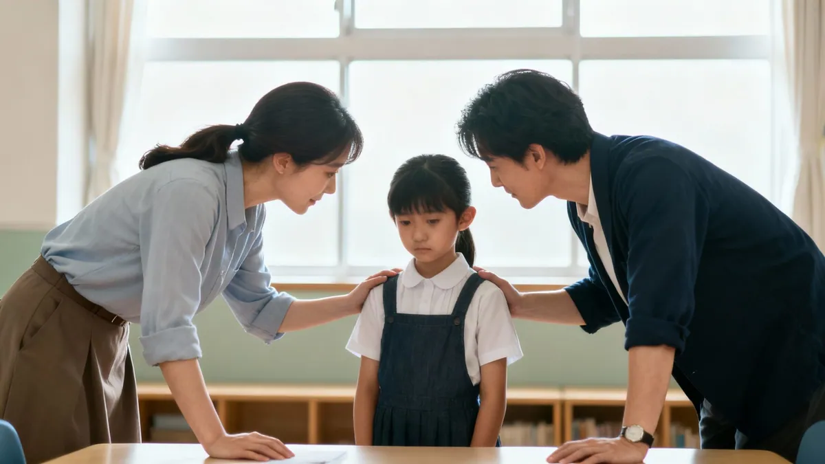 Two adults comfort a sad young girl in a classroom, placing hands on her shoulders.