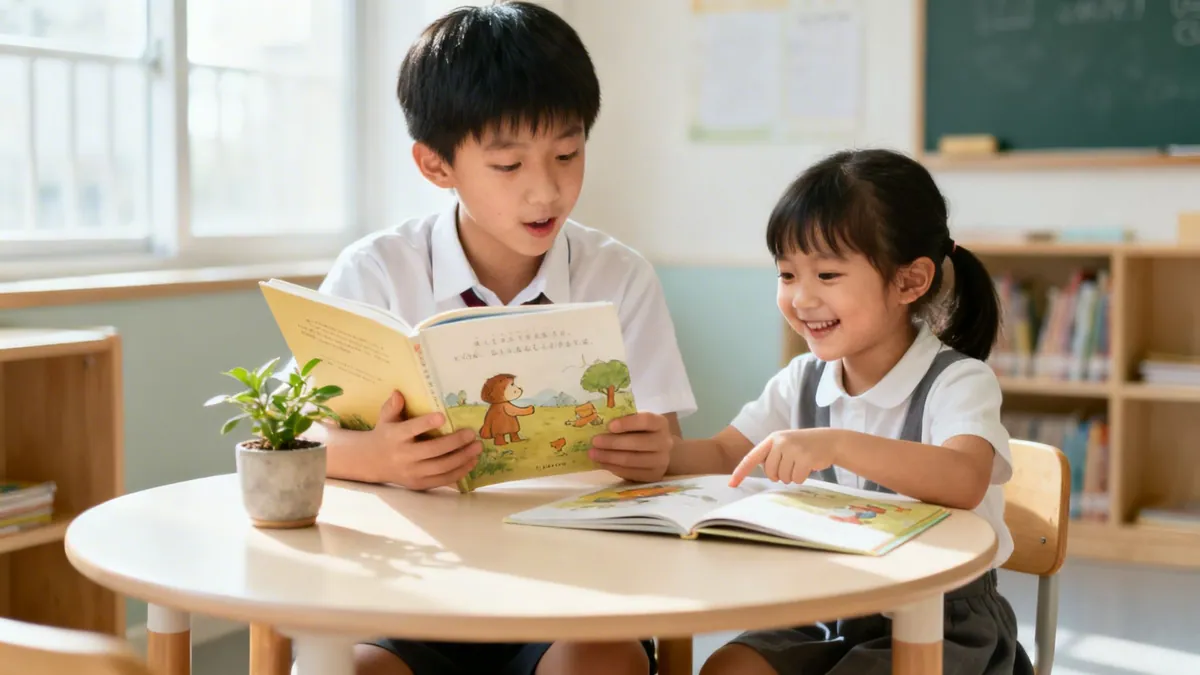 Two cheerful students engaged in reading books together at a school desk.