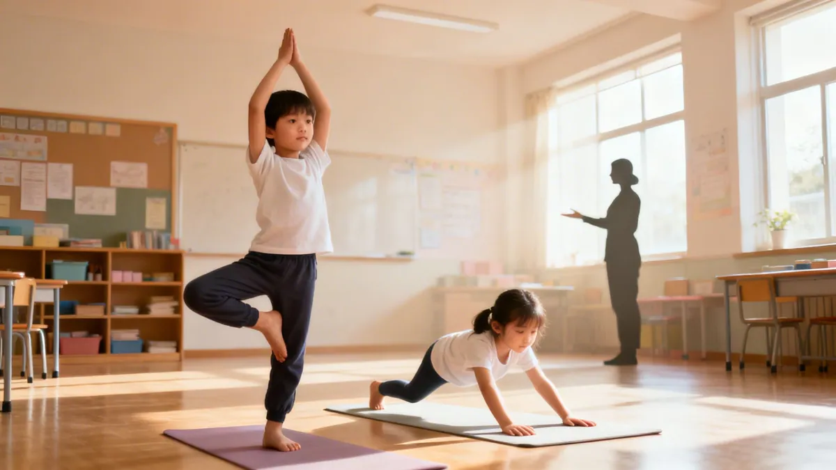 Two children practice mindful yoga exercises on mats in a bright classroom with a teacher.