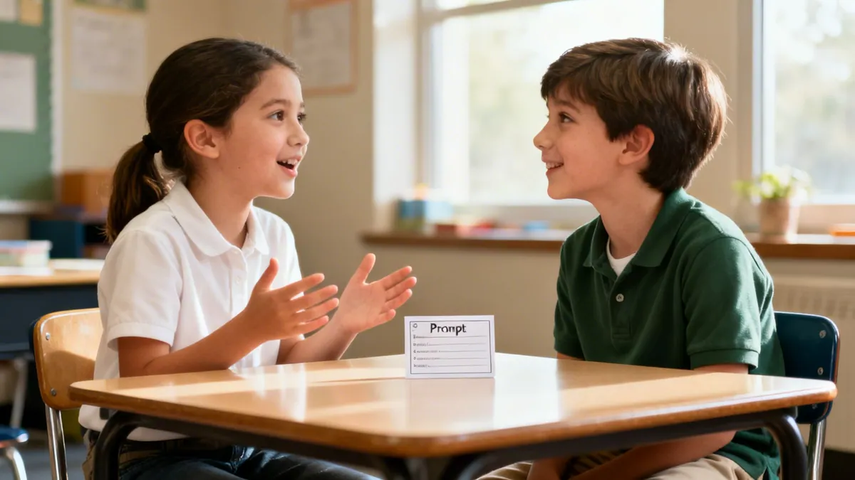 Two elementary school students, a girl and a boy, discussing at a desk in a bright classroom.