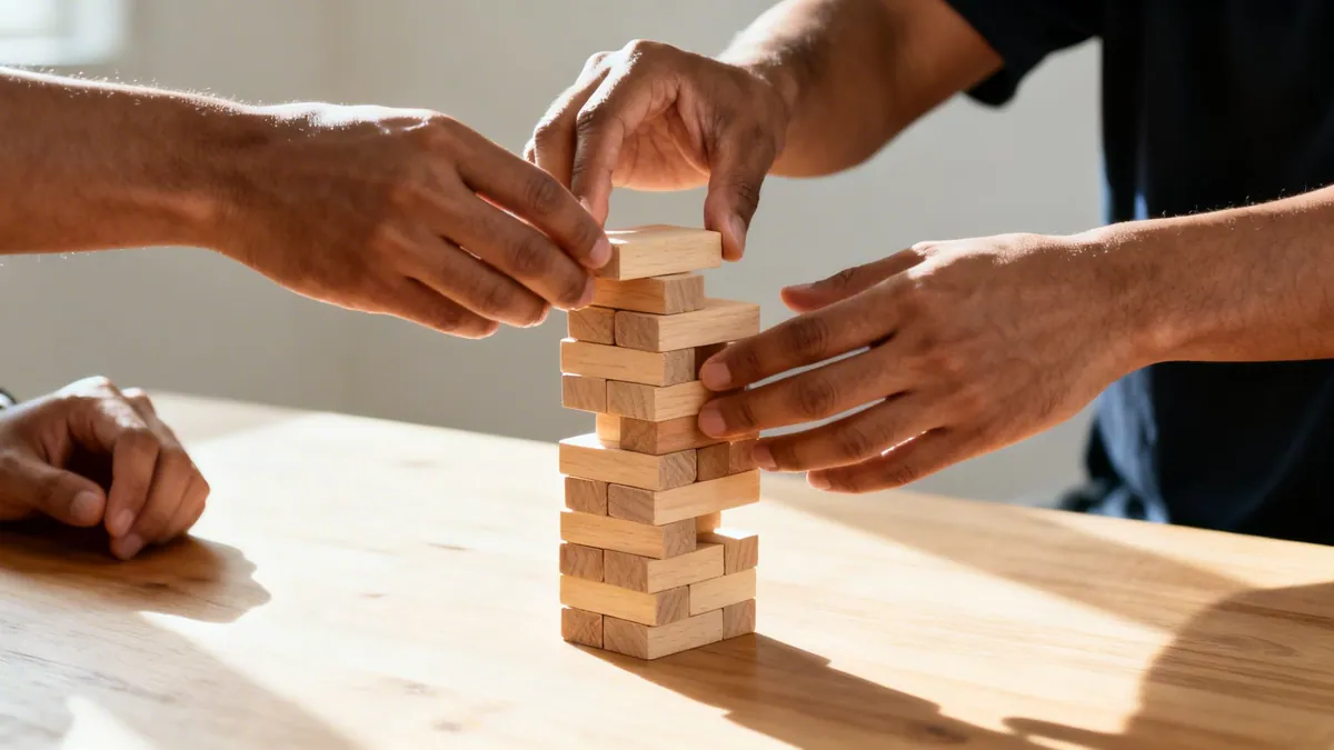 Two people collaboratively building a tower of wooden blocks on a table, highlighting teamwork.