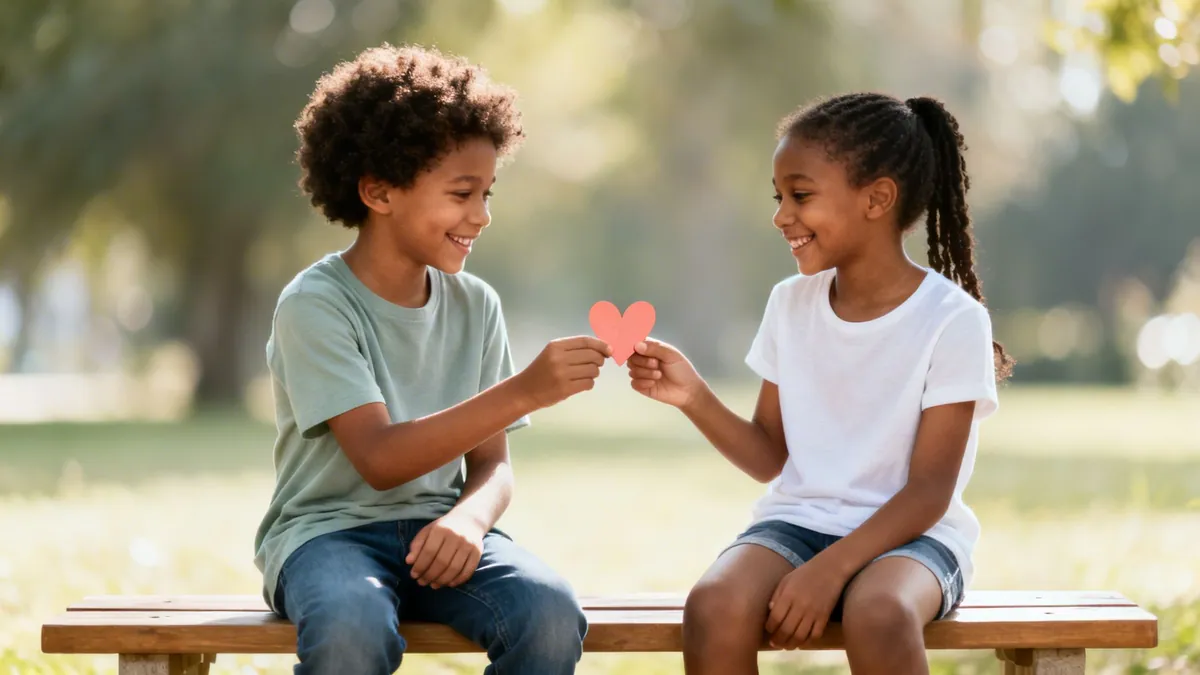 Two smiling children, a boy and a girl, sharing a red heart on a park bench.