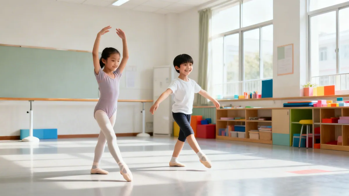 Two smiling children practice ballet in a bright studio, the girl in a leotard and boy in a t-shirt.