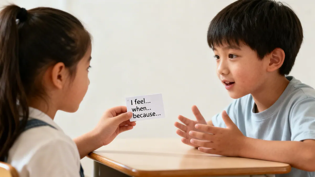 Two young children in a classroom, practicing expressing feelings using an 'I feel...' card.